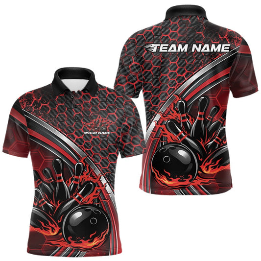 Maxcorners Custom Red Flame Bowling Men Polo Team Shirt, Hexagon Pattern Bowling Jerseys LM1904