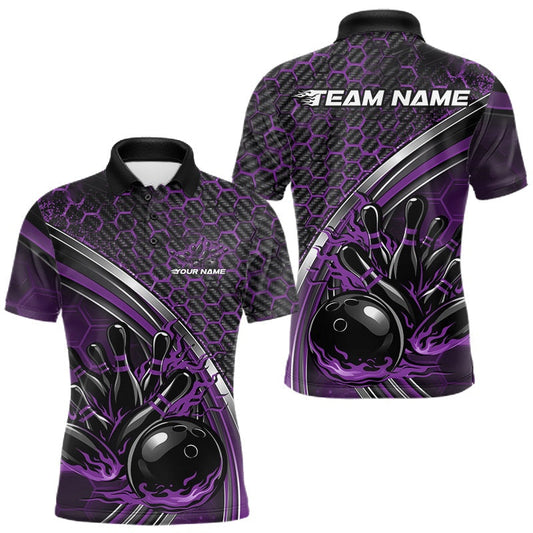 Maxcorners Custom Purple Flame Bowling Men Polo Team Shirt, Hexagon Pattern Bowling Jerseys LM1904