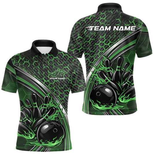 Maxcorners Custom Green Flame Bowling Men Polo Team Shirt, Hexagon Pattern Bowling Jerseys LM1904