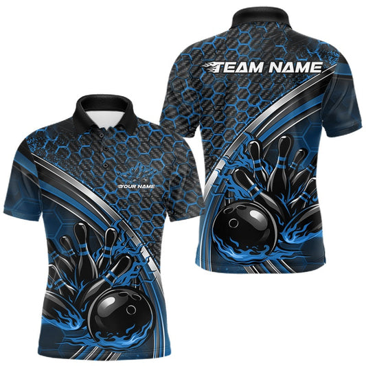 Maxcorners Custom Blue Flame Bowling Men Polo Team Shirt, Hexagon Pattern Bowling Jerseys LM1904