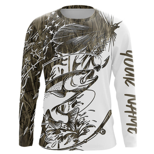Maxcorners Custom Patriotic Trout Brown Camo Fly Fishing Long Sleeve Shirts, US Flyfishing Shirt 
 LM0201