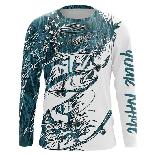 Maxcorners Custom Patriotic Trout Blue Camo Fly Fishing Long Sleeve Shirts, US Flyfishing Shirt 
 LM0201