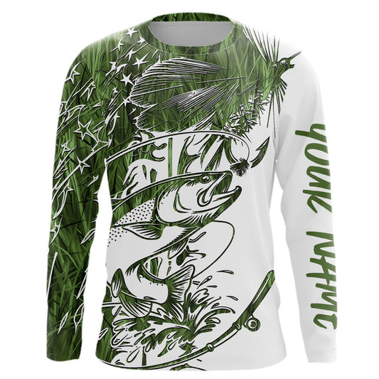 Maxcorners Custom Patriotic Trout Green Camo Fly Fishing Long Sleeve Shirts, US Flyfishing Shirt 
 LM0201