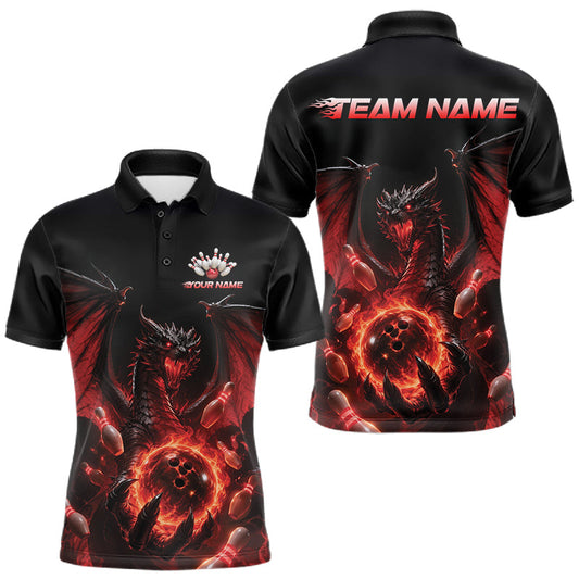 Maxcorners Custom Red Dragon Flame Bowling Team Men Polo Shirt, Bowling League Shirt