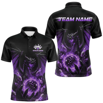 Maxcorners Custom Purple Dragon Flame Bowling Team Men Polo Shirt, Bowling League Shirt LM2607