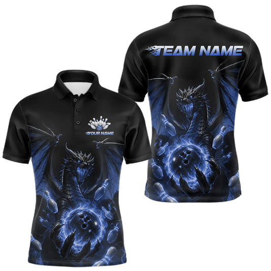 Maxcorners Custom Blue Dragon Flame Bowling Team Men Polo Shirt, Bowling League Shirt