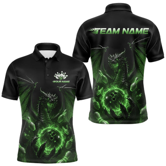 Maxcorners Custom Green Dragon Flame Bowling Team Men Polo Shirt, Bowling League Shirt