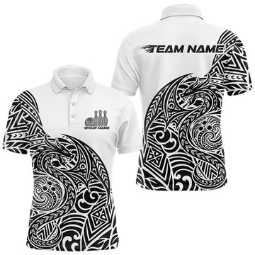 Maxcorners Custom Black And White Tribal Dragon Men Bowling Polo Shirt, Polynesian Bowling Shirt