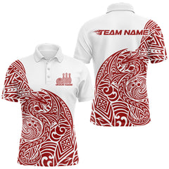 Maxcorners Custom Red And White Tribal Dragon Men Bowling Polo Shirt, Polynesian Bowling Shirt TU2912