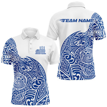 Maxcorners Custom Blue And White Tribal Dragon Men Bowling Polo Shirt, Polynesian Bowling Shirt