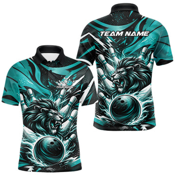 Maxcorners Custom Turquoise Blue Flame Bowling Ball Lion Bowling Jerseys, Lion Men Polo Bowling Shirt