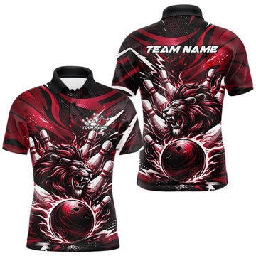 Maxcorners Custom Red Flame Bowling Ball Lion Bowling Jerseys, Lion Men Polo Bowling Shirt