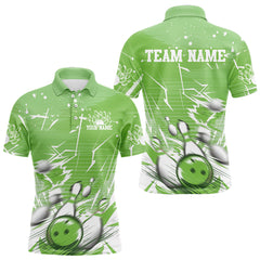 Maxcorners Custom White And Green Bowling Team Men Polo Shirts, Bowling Ball And Pins Jerseys LM0803
