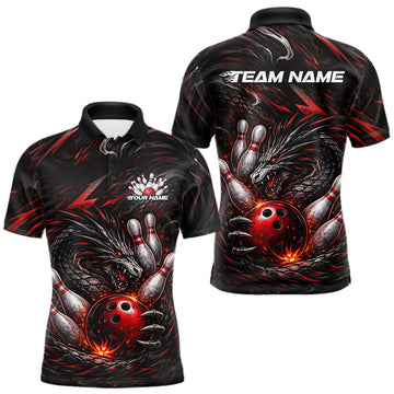 Maxcorners Custom Black And Red Dragon Bowling Jerseys, Dragon Bowling Team Men Polo Shirt