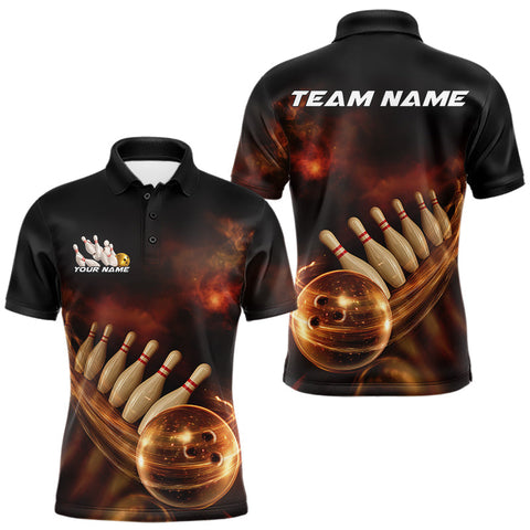 Maxcorners Custom Black And Gold Fire Energy Streaks Bowling Team Men Polo Shirts, Bowling Uniform MT1007