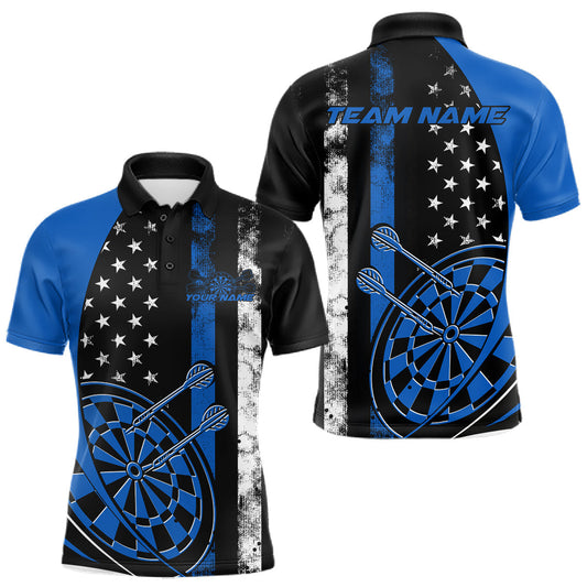 Maxcorners Custom Blue Thin Line US Flag Patriotic Dartboard Dart Men Polo Team Shirts, Dart Jerseys LM1903