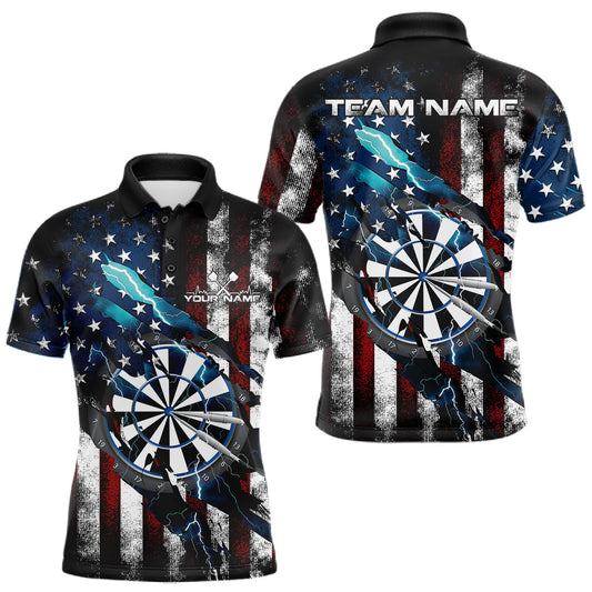 Maxcorners Custom Blue Thunder Lightning Patriotic Dart Men Polo Shirts, Vintage Dart Jerseys LM1903