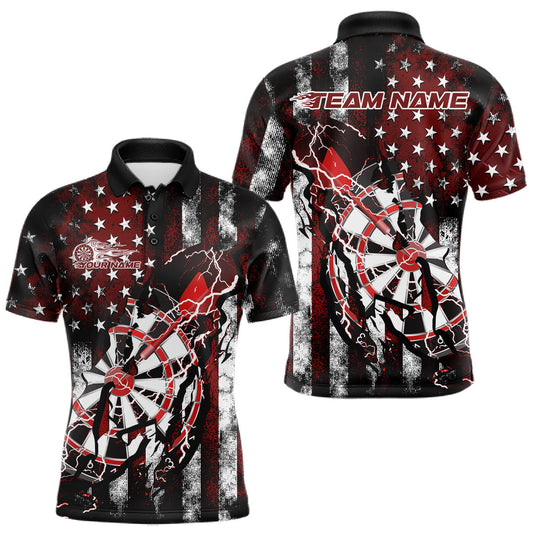 Maxcorners Custom Red Thunder Lightning Patriotic Dart Team Polo Shirts For Men, Dart Jerseys LM1903
