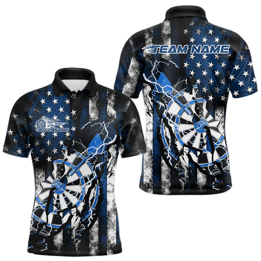 Maxcorners Custom Blue Thunder Lightning Patriotic Dart Team Polo Shirts For Men, Dart Jerseys LM1903