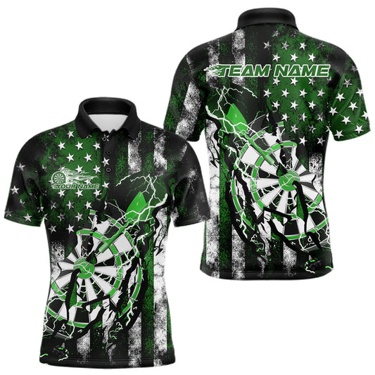 Maxcorners Custom Green Thunder Lightning Patriotic Dart Team Polo Shirts For Men, Dart Jerseys LM1903
