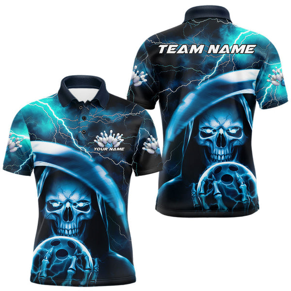 Maxcorners Custom Blue Thunder Lightning Grim Reaper Skull Halloween Bowling Polo Shirts For Men LM1809