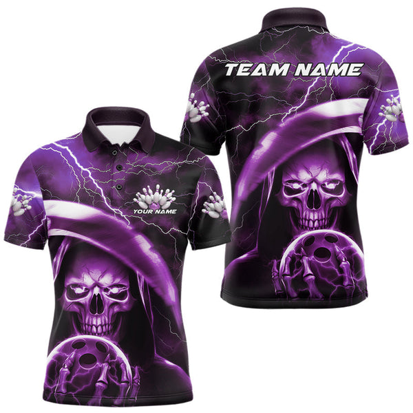 Maxcorners Custom Purple Thunder Lightning Grim Reaper Skull Halloween Bowling Polo Shirts For Men LM1809