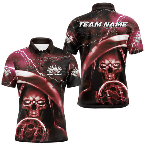 Maxcorners Custom Red Thunder Lightning Grim Reaper Skull Halloween Bowling Polo Shirts For Men LM1809