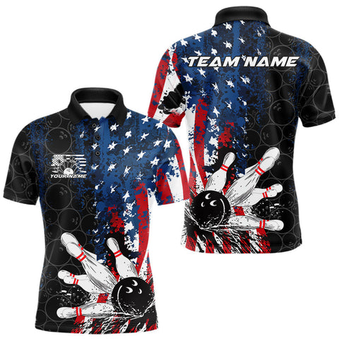 Maxcorners Custom Grunge Vintage American Flag Patriotic Bowling Team Jerseys, Bowling Men Polo Shirt TU1407