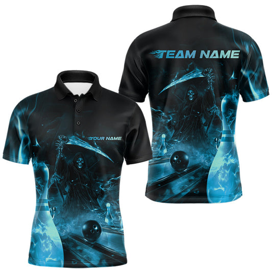Maxcorners Custom Blue Fire Flame Grim Reaper Bowling Polo Shirts For Men, Halloween Bowlers Outfit LM1203