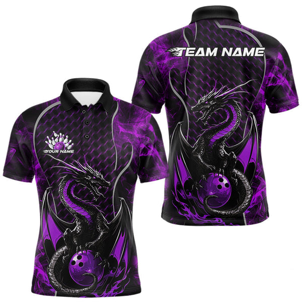 Maxcorners Custom Black And Purple Fire Flame Dragon Bowling Men Polo Shirt, Dragon Bowling Jersey LM1809