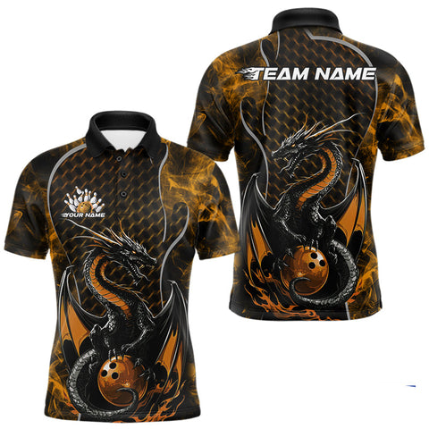 Maxcorners Custom Black And Gold Fire Flame Dragon Bowling Men Polo Shirt, Dragon Bowling Jersey LM1809