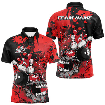 Maxcorners Custom Black And Red Splatter Skull Bowling Team Men Polo Shirt, Halloween Bowler Outfit LM1203