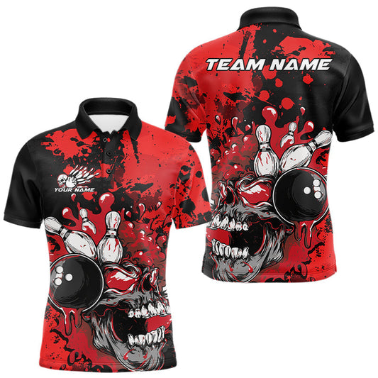Maxcorners Custom Black And Red Splatter Skull Bowling Team Men Polo Shirt, Halloween Bowler Outfit LM1203