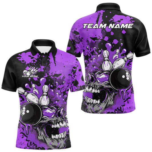 Maxcorners Custom Black And Purple Splatter Skull Bowling Team Men Polo Shirt, Halloween Outfit LM1203