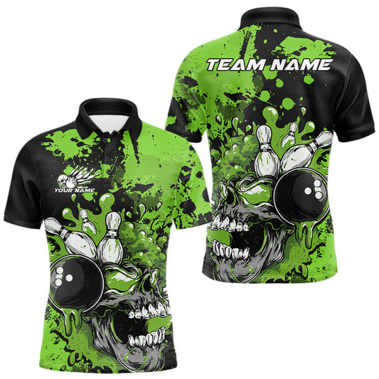 Maxcorners Custom Black And Green Splatter Skull Bowling Team Men Polo Shirt, Halloween Outfit LM1203