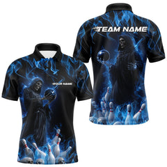 Maxcorners Custom Blue Flame Grim Reaper Bowling Polo Shirts For Men, Halloween Bowling Outfit TU1908