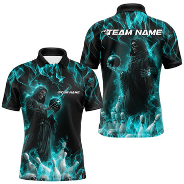 Maxcorners Custom Turquoise Blue Flame Grim Reaper Bowling Men Polo Shirts, Halloween Bowling Outfit LM1203