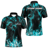 Maxcorners Custom Turquoise Blue Flame Grim Reaper Bowling Men Polo Shirts, Halloween Bowling Outfit TU1908