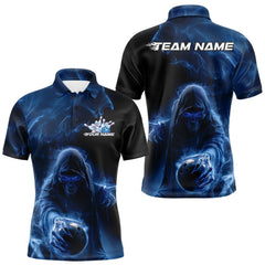 Maxcorners Custom Black And Blue Smoke Flame Grim Reaper Halloween Bowling Men Polo Shirts TU1908