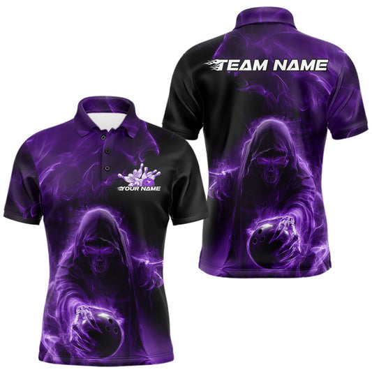 Maxcorners Custom Black And Purple Smoke Flame Grim Reaper Halloween Bowling Men Polo Shirts LM1203