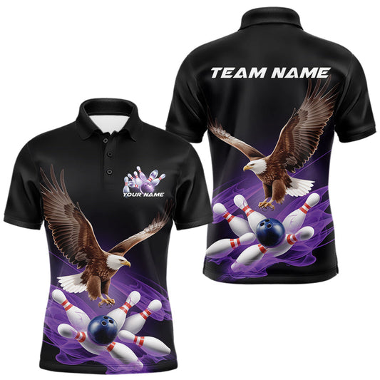 Maxcorners Custom Purple Flame Eagle Bowling Team Polo Shirts For Men, Bowling Tournament Shirt LM1904