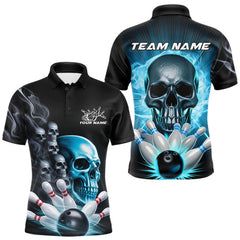 Maxcorners Custom Blue Glowing Ghostly Skull Bowling Polo Shirts For Men, Halloween Bowlers TU2107