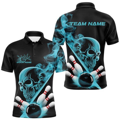 Maxcorners Custom Blue Smoke Skull Men Bowling Team Polo Shirts, Hallowen Bowlers Jerseys TU2107