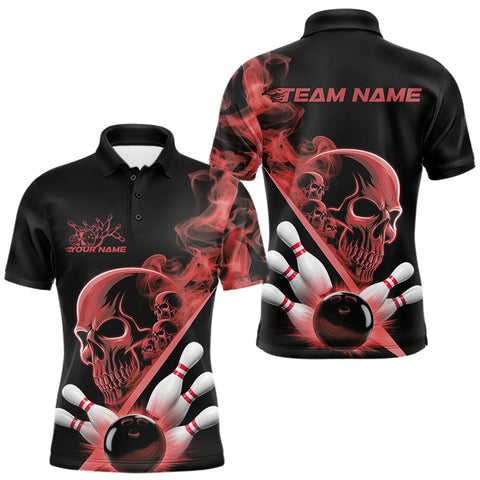 Maxcorners Custom Red Smoke Skull Men Bowling Team Polo Shirts, Hallowen Bowlers Jerseys TU2107