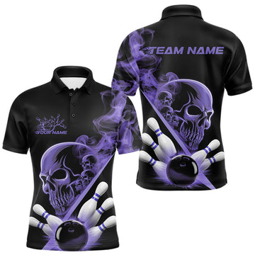 Maxcorners Custom Purple Smoke Skull Men Bowling Team Polo Shirts, Hallowen Bowlers Jerseys LM1203