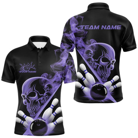 Maxcorners Custom Purple Smoke Skull Men Bowling Team Polo Shirts, Hallowen Bowlers Jerseys TU2107