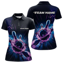 Maxcorners Custom Galaxy Blue And Purple Flame Bowling Polo Shirt For Men, Bowling League Team Uniform LM2707