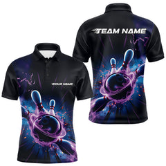 Maxcorners Custom Galaxy Blue And Purple Flame Bowling Polo Shirt For Men, Bowling League Team Uniform LM2707