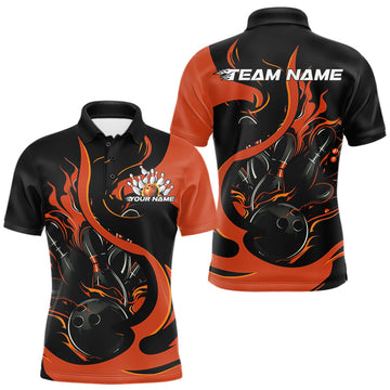 Maxcorners Custom Black And Orange Flame Bowling Polo Shirts For Men, Bowling Tournament Team Uniform LM0706