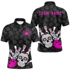 Maxcorners Custom Black And Pink Sugar Skull Bowling Team Polo Shirts For Men, Bowling League Shirt LM0706